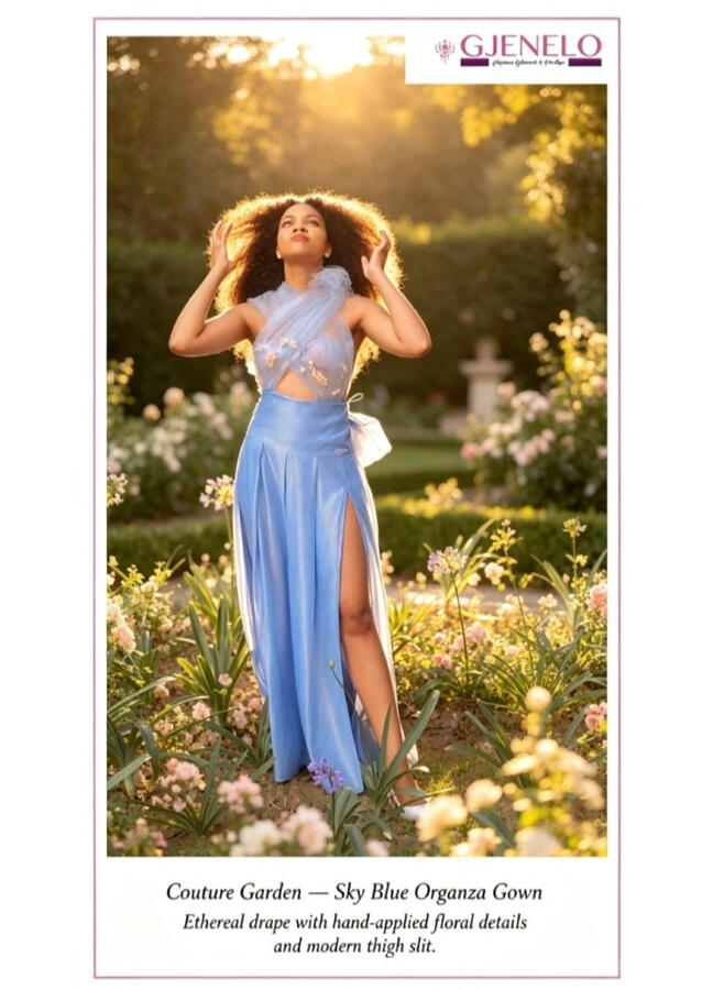 Sky Blue Organza Gown. Ethereal drape with hand-applied floral details and modern thigh slit.