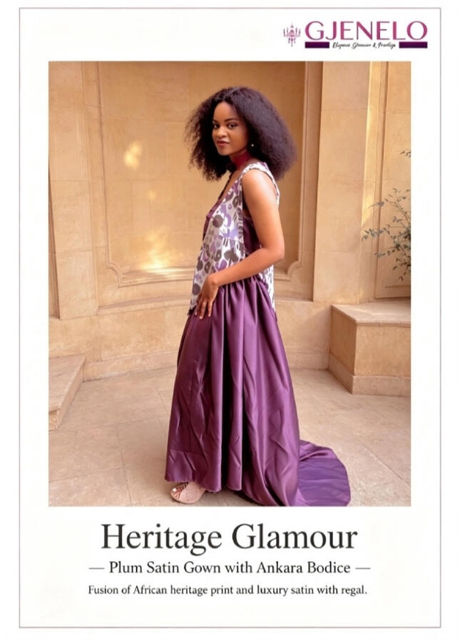 Heritage Glamour. Plum Satin Gown with Ankara Bodice. Fusion of African heritage print and luxury satin with regal