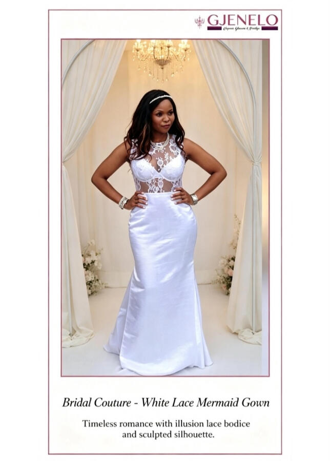 Bridal Couter - White Lace Mermaid Gown. Timeless romance with illusion lace bodice and sculptured silhouette