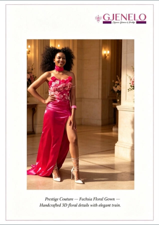 BLUSH HERITAGE GOWN Fuchsia floral organza with layered ruffles. Bold, feminine, celebratory. Heritage Glamour Collection.