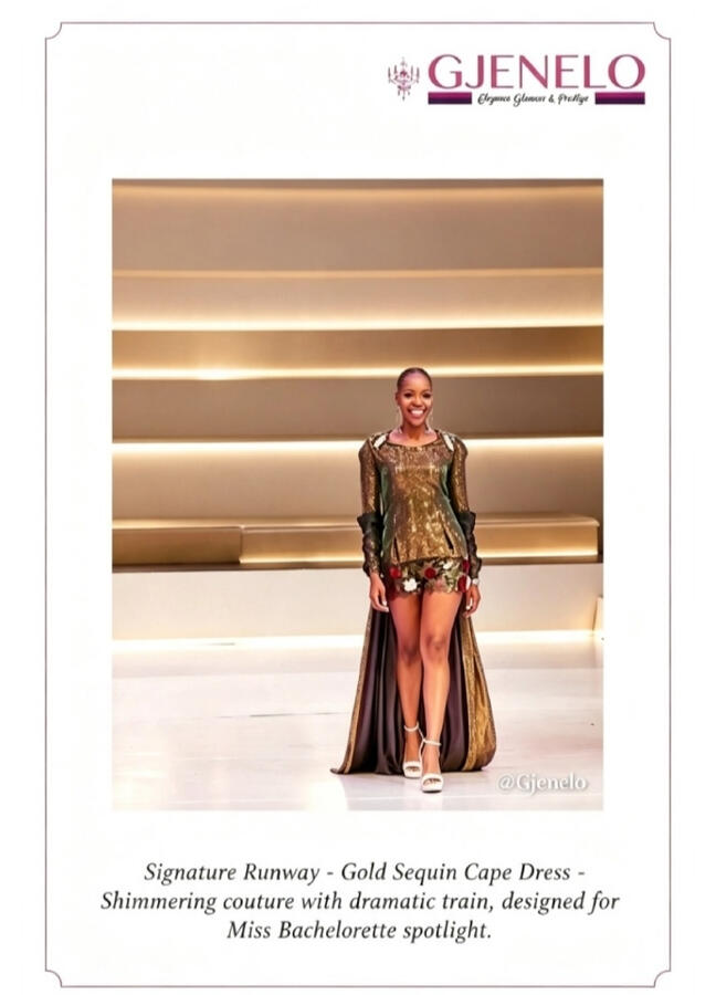 Signature Runway - Gold Sequin Cape Dress. Shimmering Couter with dramatic train, designed for Miss Bachelorette spotlight.