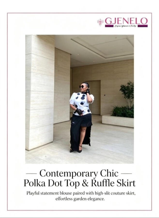 CONTEMPORARY CHIC SET Polka-dot blouse + emerald ruffle skirt. Power daywear meets couture. Luxury Corporate Collection.