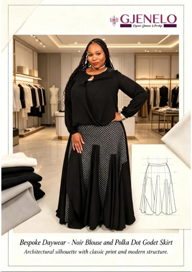 BESPOKE DAYWEAR Noir Blouse & Polka Dot Godet Skirt Architectural silhouette, classic print, modern structure. Boutique collection