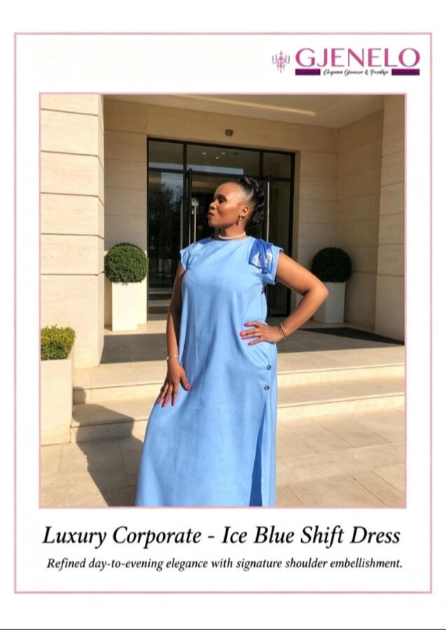 LUXURY CORPORATE Ice Blue Shift Dress Refined day-to-evening elegance with signature shoulder detail. Corporate couture.